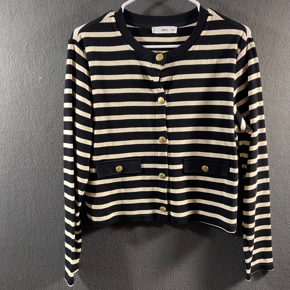 nautical Striped Cardigan Gold Crest Cream XL parisian capsule quiet luxury